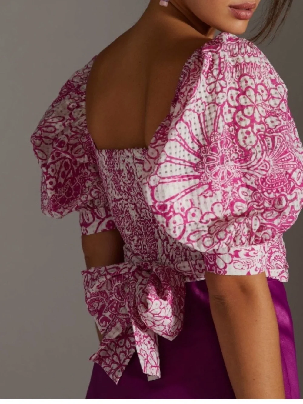 Anthropologie Pink & White Floral Puff-Sleeve Wrap Top